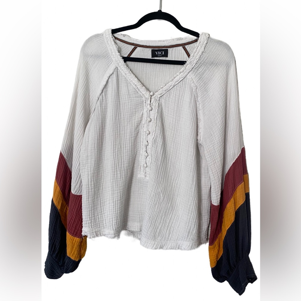Vici Gauze Long Balloon Sleeves Blouse Top Color Block Distressed 100% Cotton